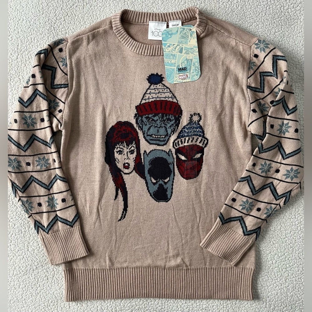 NWT Disney 100 Marvel Comics Sweater, Winter Design. Child Sz XS